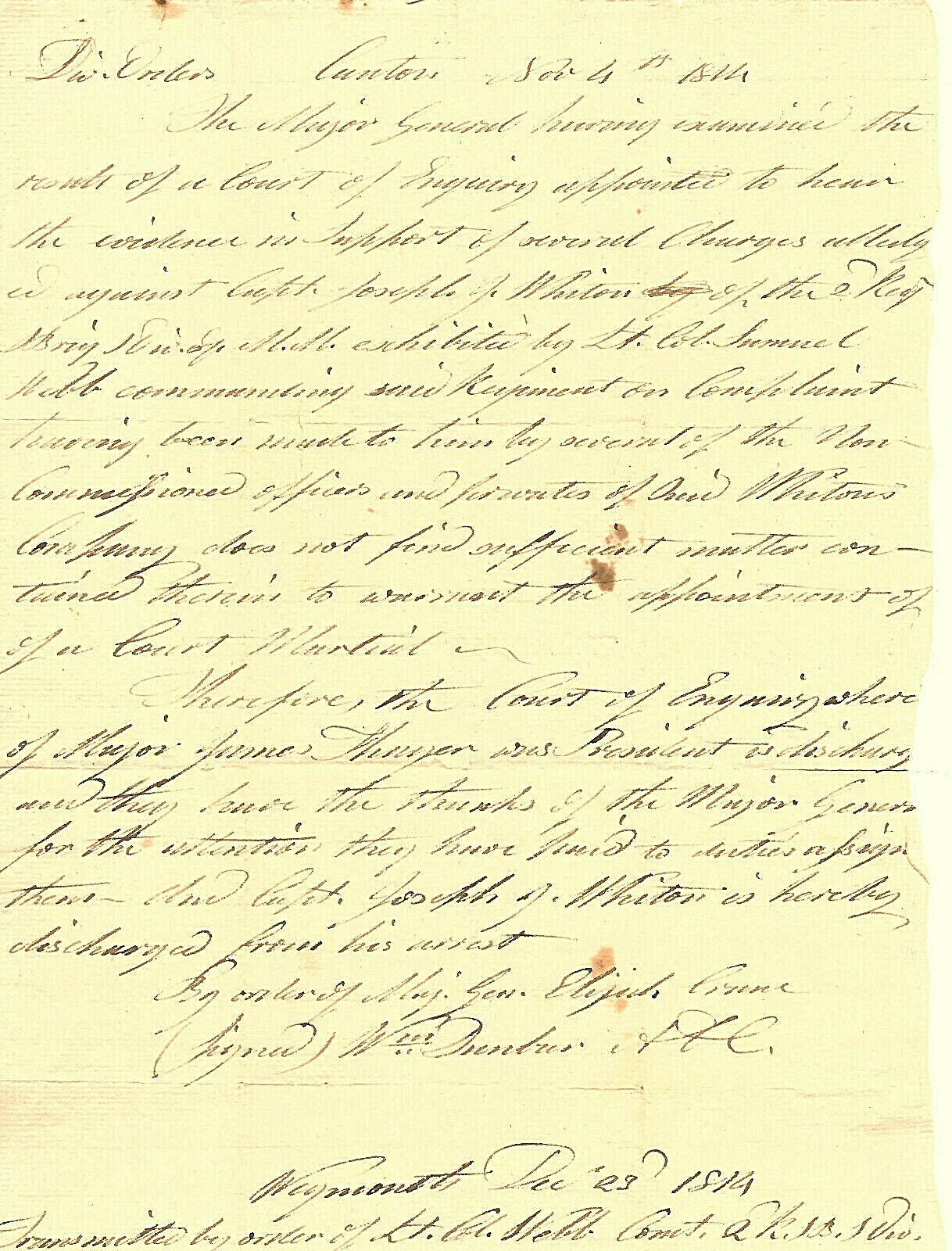 1814 Hingham Massachusetts Militia Company Report On Officer's Court-martial