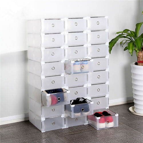 10 Pack Plastic Stackable Shoe Storage Organizer Clear Drawer Box Metal Frame