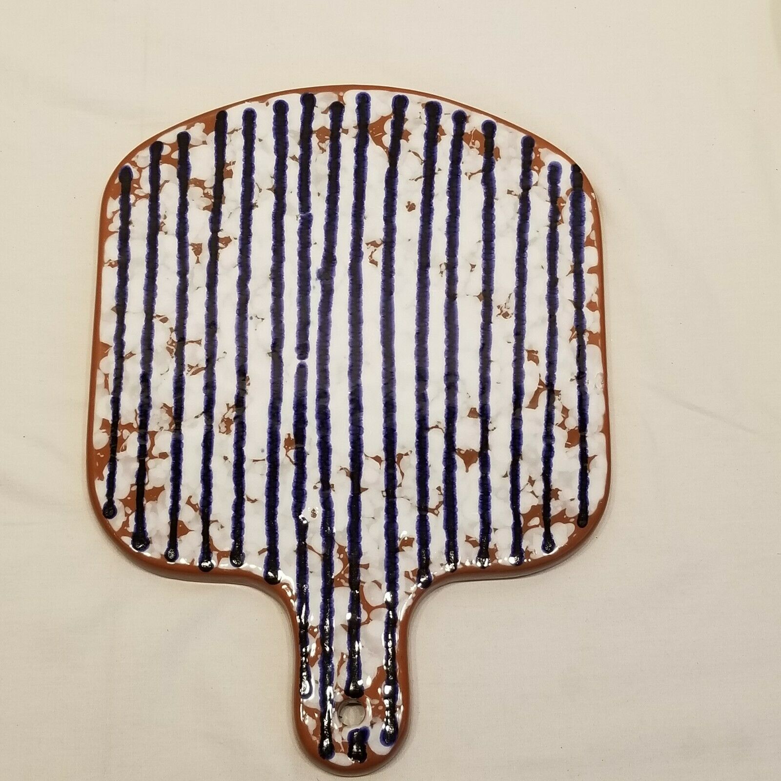 Mud Pie Bungalow Stripe Design 9" Serving Paddle Blue & White On Terra Cotta