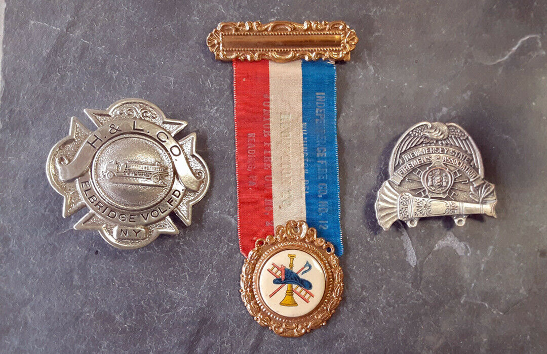 3 Vintage Fireman's Badges Ribbon Ny Nj Pa