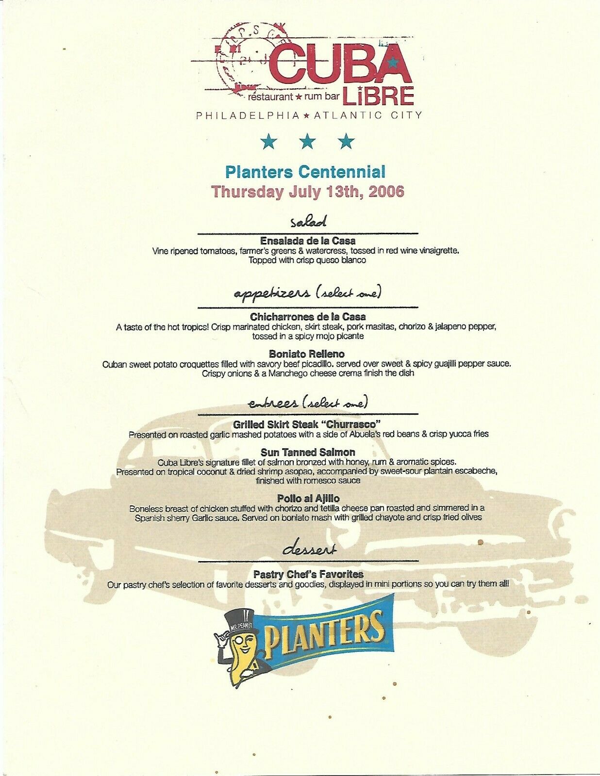 Planters Peanut Mr Peanut Cuba Libre Restaurant Menu July 13, 2006 Lot#70