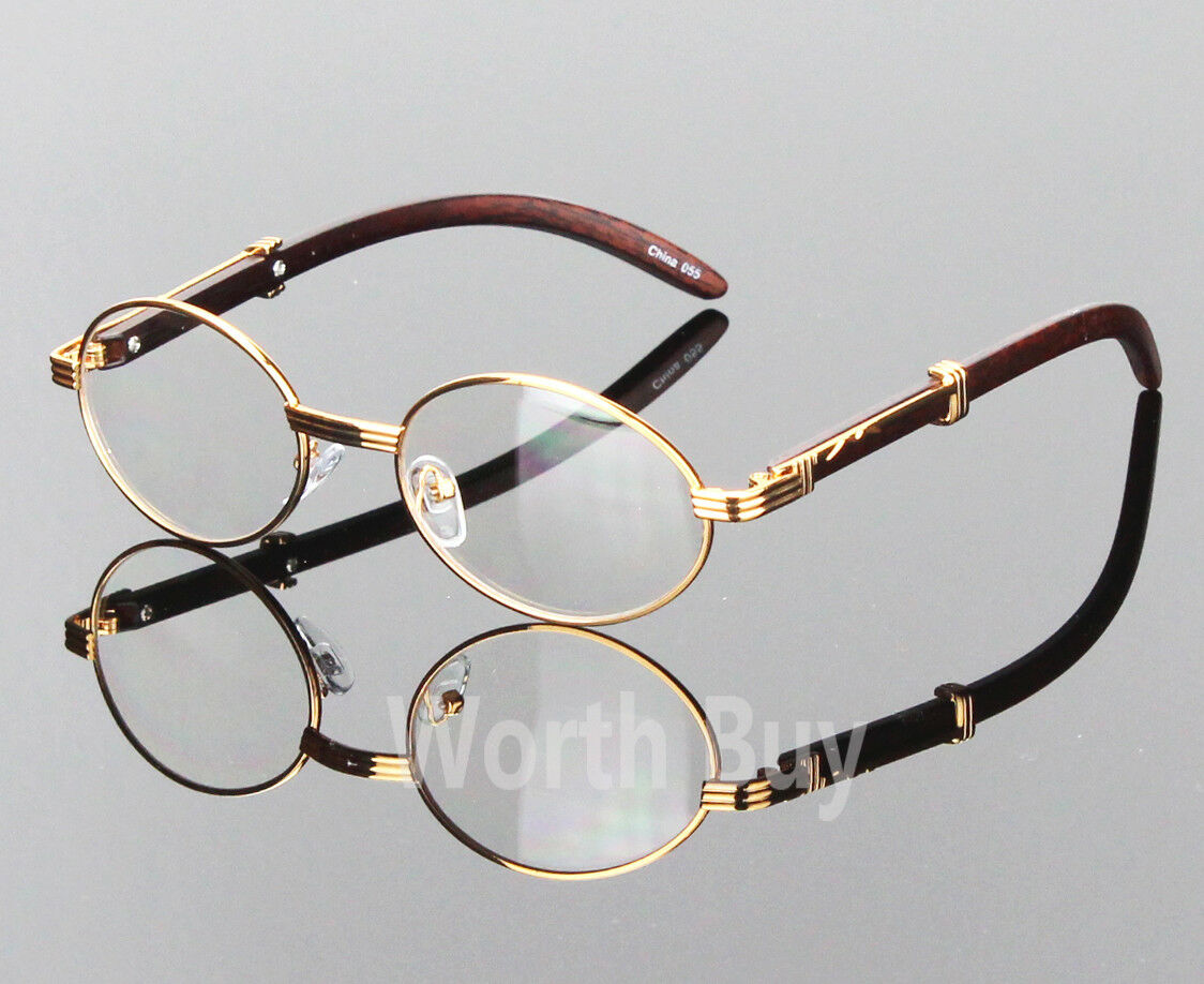 Womens Men Retro Vintage Clear Lens Gold Wood Frame Fashion Designer Eye Glasses