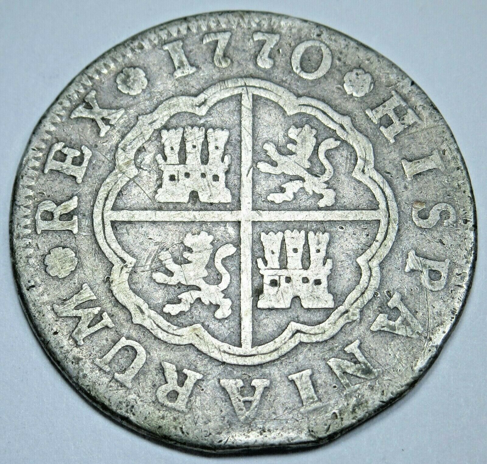 1770 Spanish Silver 2 Reales Antique 1700's Colonial Cross Pirate Treasure Coin
