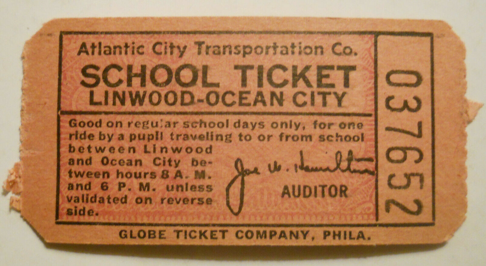 Old Atlantic City (nj) Transportation Co. School Ticket - Linwood To Ocean City