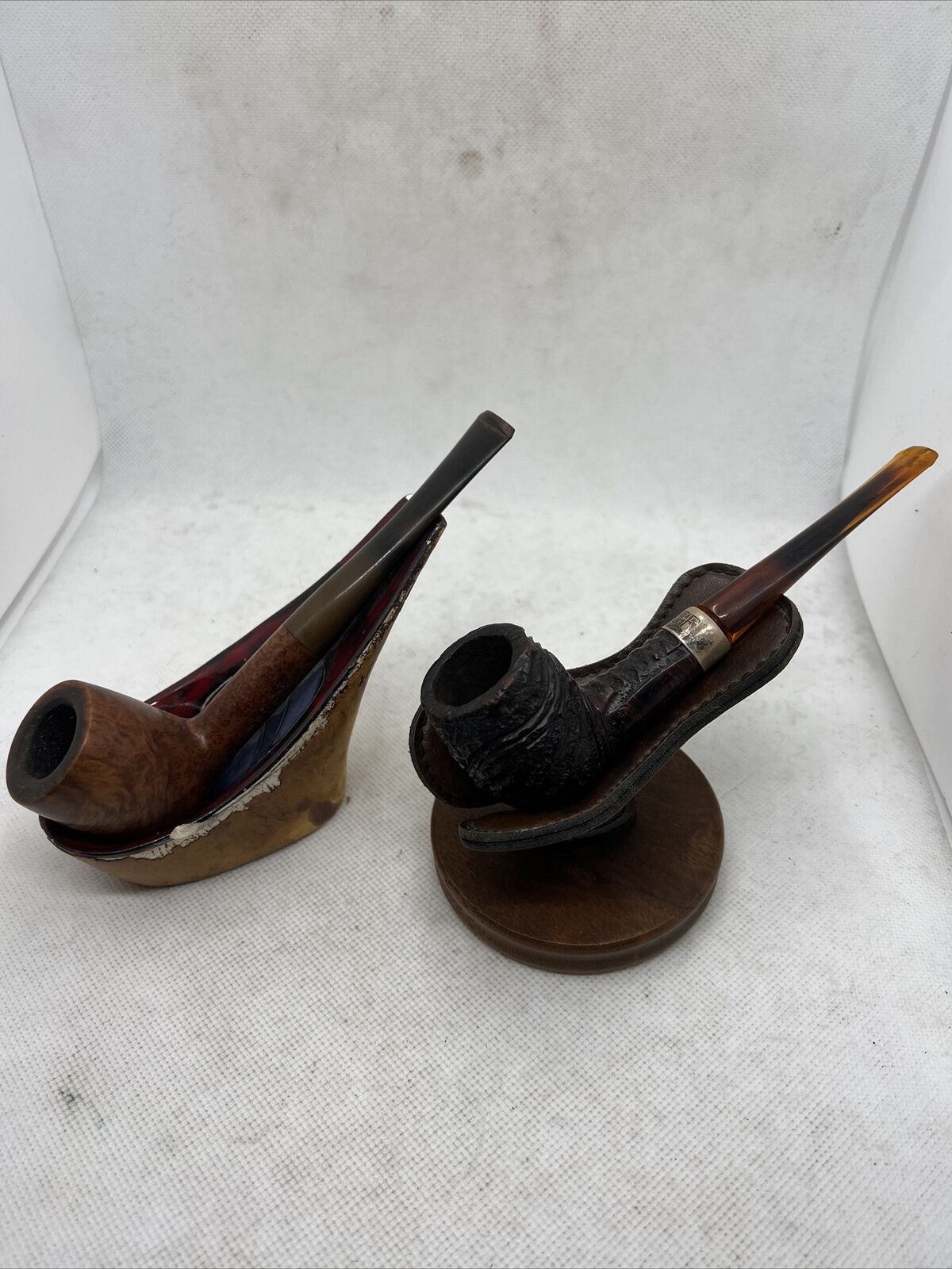 Two Vintage Estate Pipes With Stands