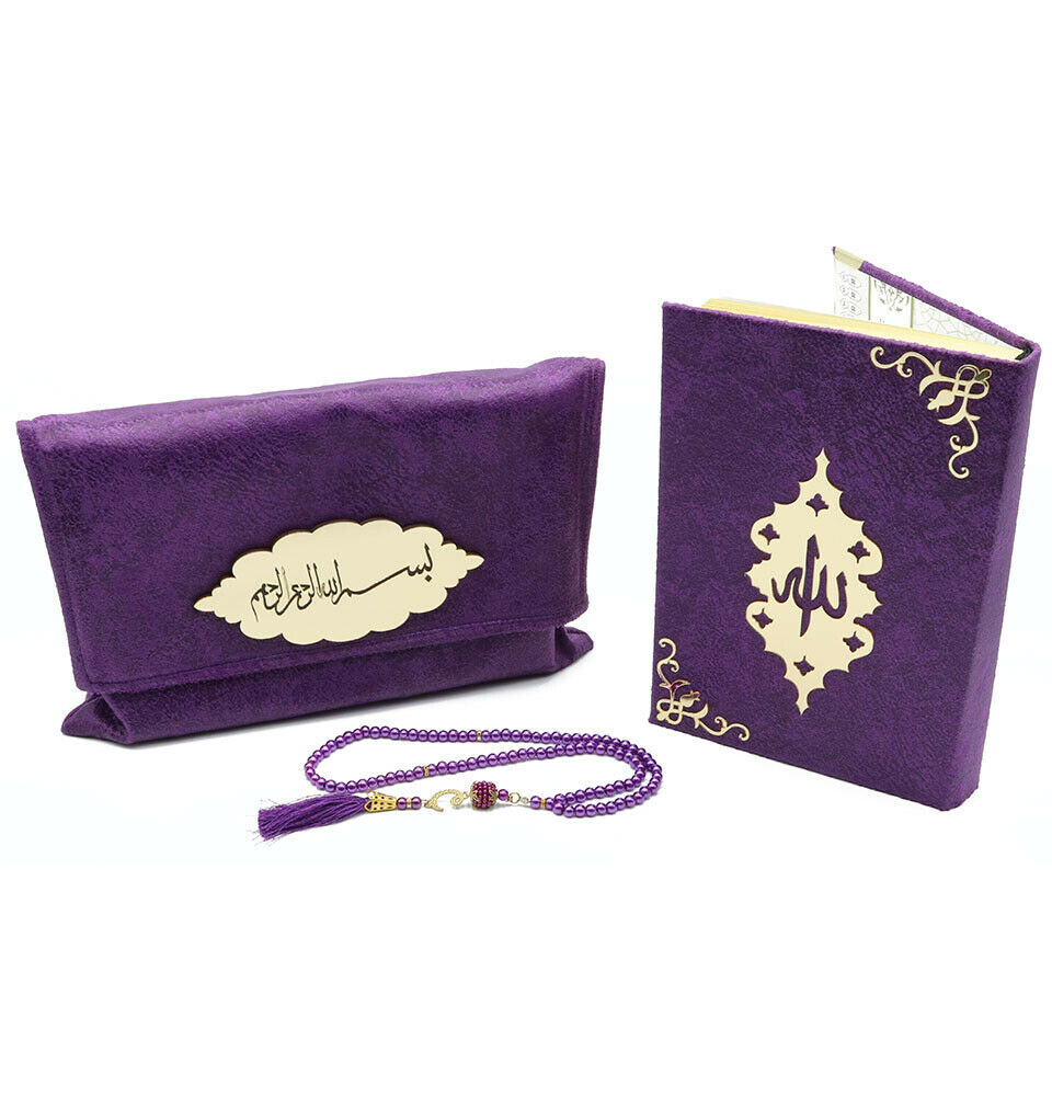 Modefa Islamic Holy Quran In Velvet Gift Bag With Prayer Beads Tesbih Purple