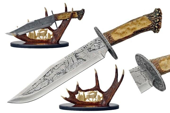 New 15" Deer Bowie Knife With Antler Display Father's Day Gift Hunter Collection