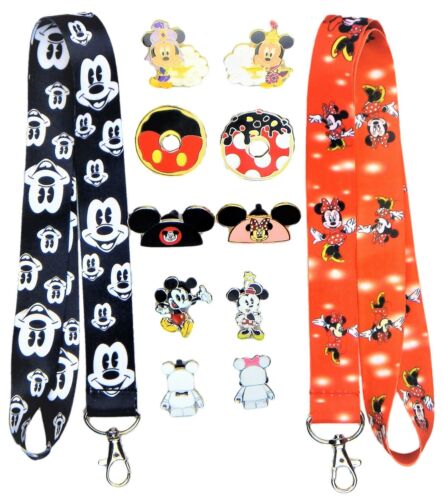 Mickey And Minnie Couples Lanyard Set With 10 Disney Trading Pins ~ Brand New
