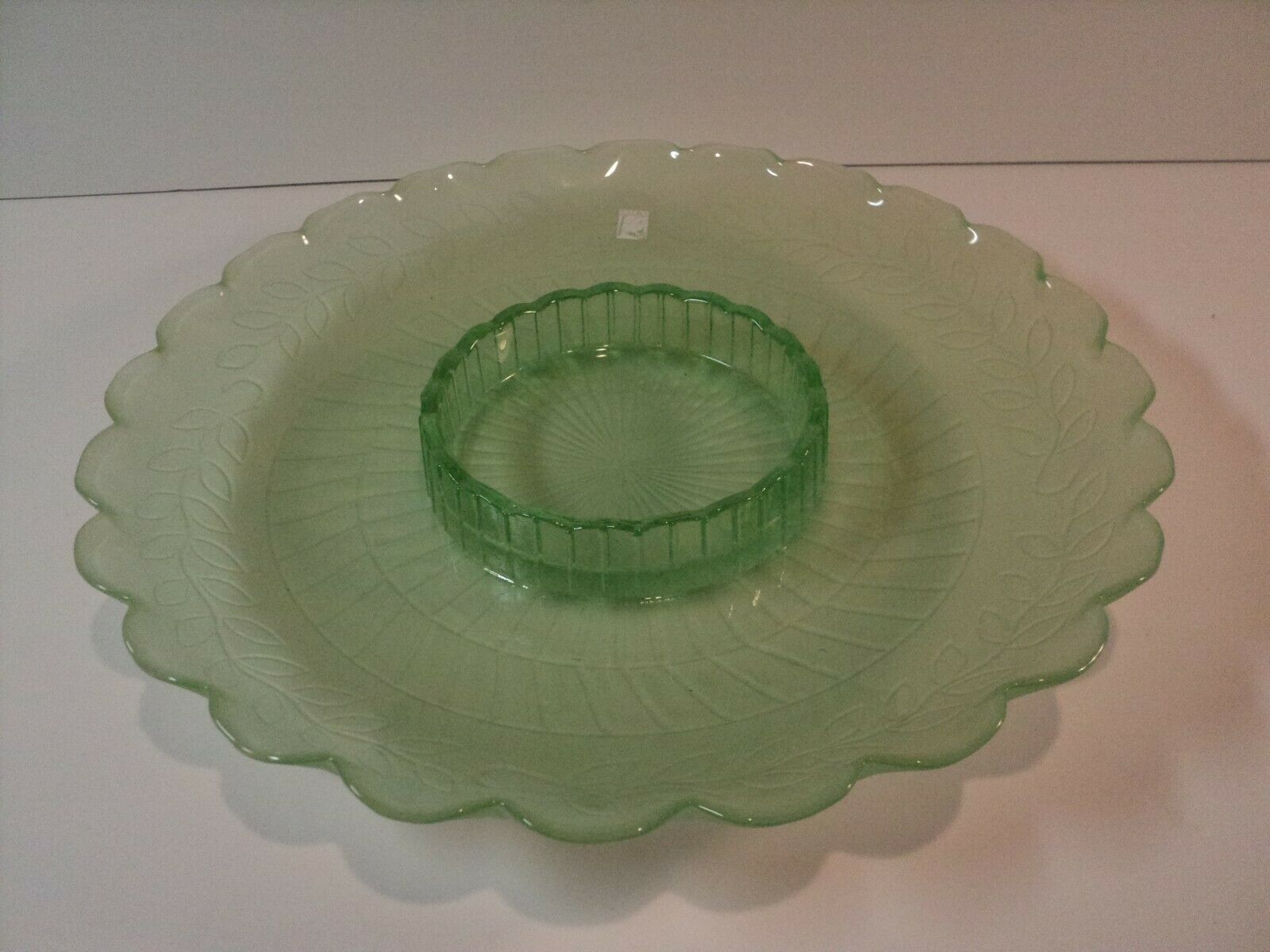 Amici Chip And Dip Tray, Server. Green Frosted Reversed Embossed Glass