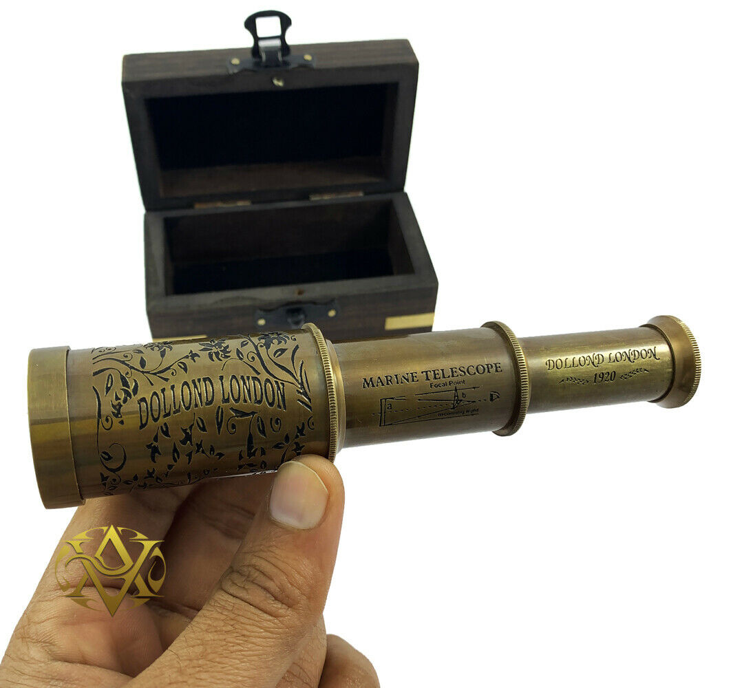 Brass Telescope Nautical Maritime Pocket Spyglass Pirate Wood Box Kids Gift Deco