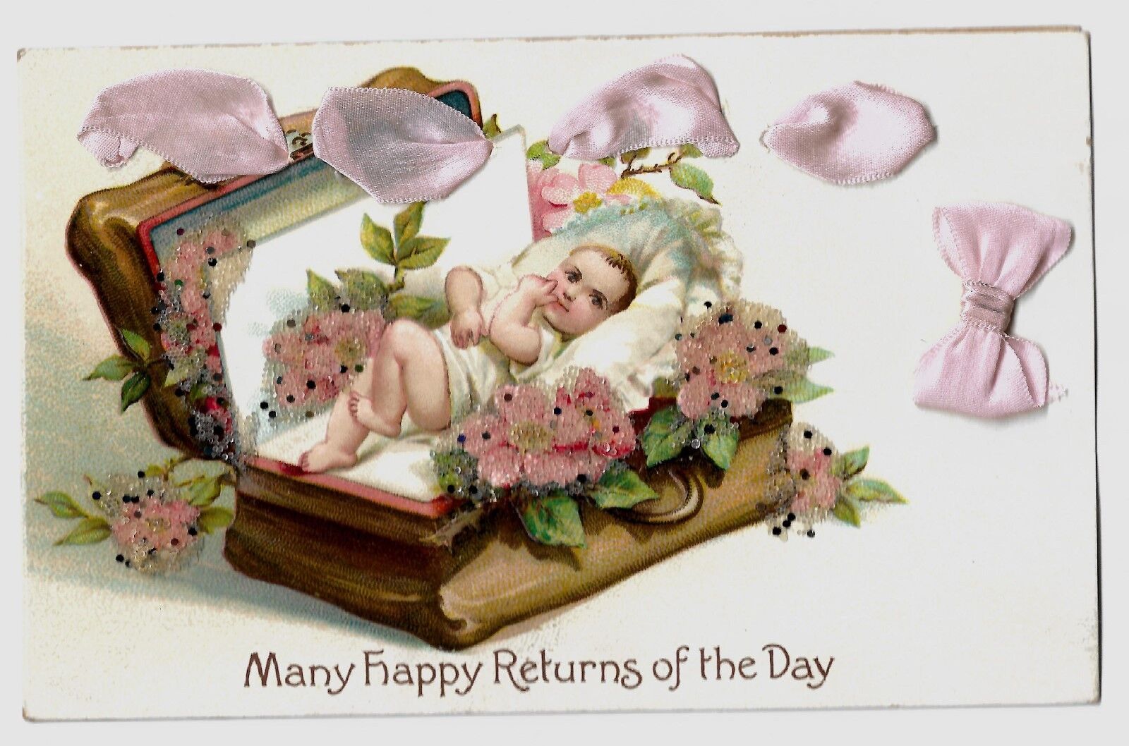 Nice Early Postcard W/add-on Pink Ribbon & Glitter:  Baby In Suitcase Bed. Exc.