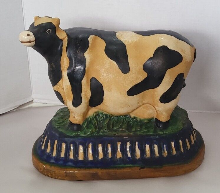 Vintage & Large Ceramic Cow Holstein  Figurine Farm Rustic Decor On Base