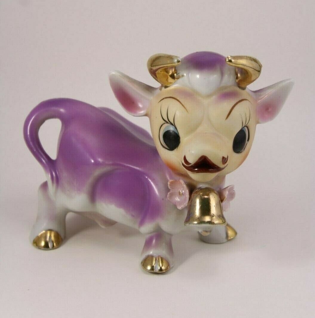 Vintage Kitchy 1950s Porcelain Purple Cow Gold Accents Flowers Figurine