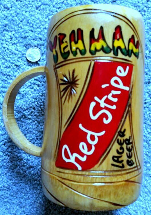 Jamaican Red Stripe Lager Beer Wood Mug Hand Carved & Decorated Jamaica Yeh Man