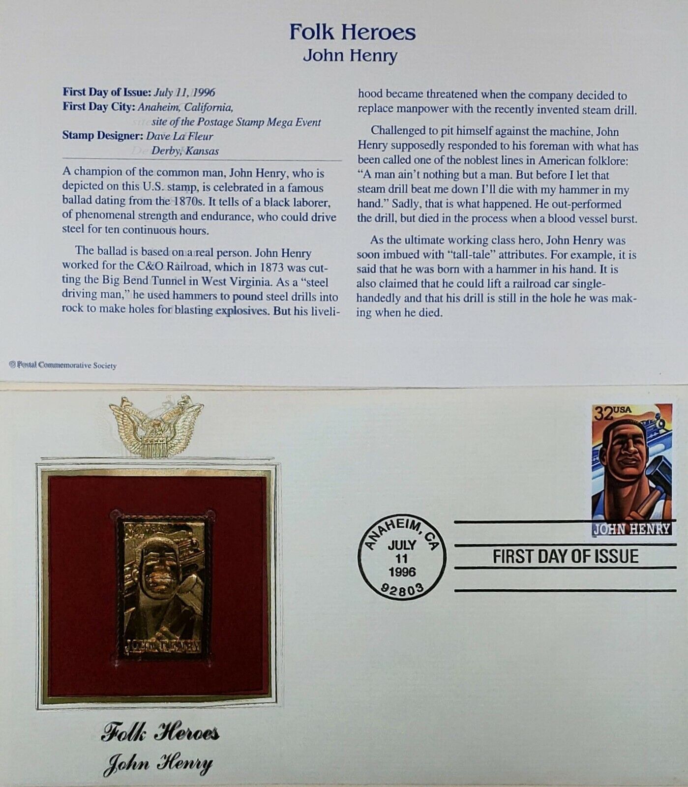 John Henry Folk Heroes 1996 Fdc #3085 22kt Golden Stamp